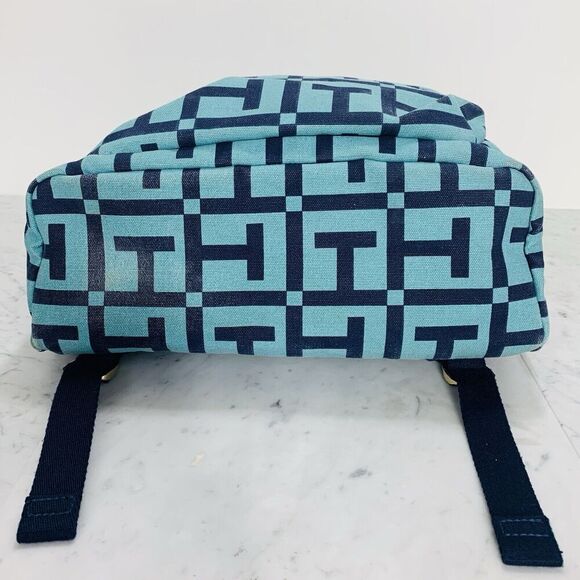 TOMMY HILFIGER Dome Backpack 17" Monogram Logo Navy Teal Canvas Preppy Bag VGUC - Picture 4 of 12